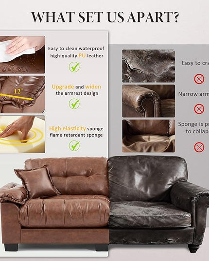 Faux Leather Sofa, Mid Century Modern Deep Loveseats, Comfy Cloud Couch, Tufted Pillow Top Arm Furniture for Living Room, Apartment, Cognac Brown