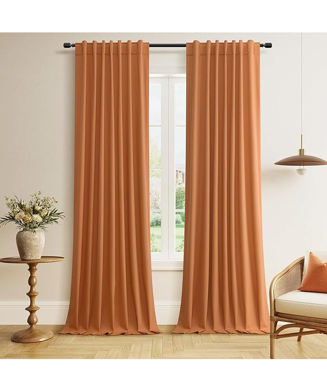 Guken Orange Blackout Curtains 90 Inch Length 2 Panels Set for Living Room Bedroom Back Tab Thermal Insulated 100% Black Out Linen Drapes Room Darkening Window Curtains 90 Inches Long