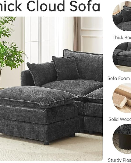 Modular Sectional Sofa, 147.2 Inch L Shaped Couch Set with Armrests, 4-Seater Comfy Cloud Couches with Movable Ottoman for Living Room Apartment, Grey