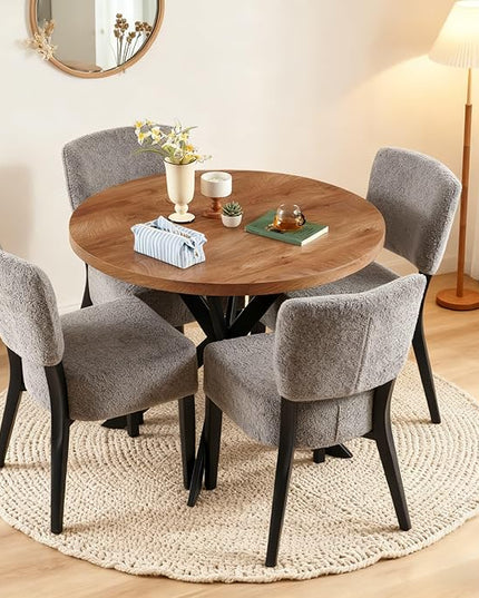 5-Piece Round Dining Table Set, Modern Small 37" Kitchen Table Chairs Set, Upholstered Stackable Dining Chairs with Black Metal Legs for Living Room Apartment, Space-saving, Imitation Wood&Grey