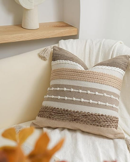 BlissBlush Brown Decorative Throw Pillow Cover 20x20 Square Boho Accent Pillowcase Tassels Farmhouse Cushion for Couch Sofa Bedroom Livingroom Home Décor Cover ONLY (Pack of 1)