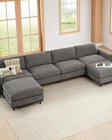 CHITA Super Large Luxury U Shape Convertible Sectional Modular Sofa, Down Filled Modern Sofa, Deep Seat Cloud Couch, 153 inch Width, 6 Seat Couch with Solid Wood Leg,2 Ottomans,Grey
