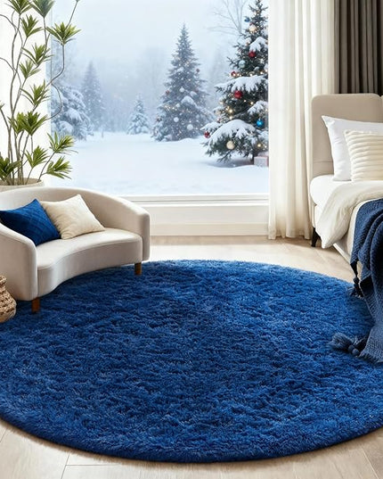 Ophanie Round Rug 5Ft Blue Circle Area Rug, Boys Room Decor, Fluffy Fuzzy Bedroom Carpet, Plush Soft Shaggy Living Room Rugs for Kids Home Decor Aesthetic, Nursery