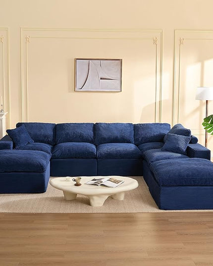137.8” Sectional Couches for Living Room, Cloud Couch, Modular Sectional Sofa, Convertible Sofas Bed, Deep Seat Sofa, Sleeper Sofa Full Size, Corduroy, Blue