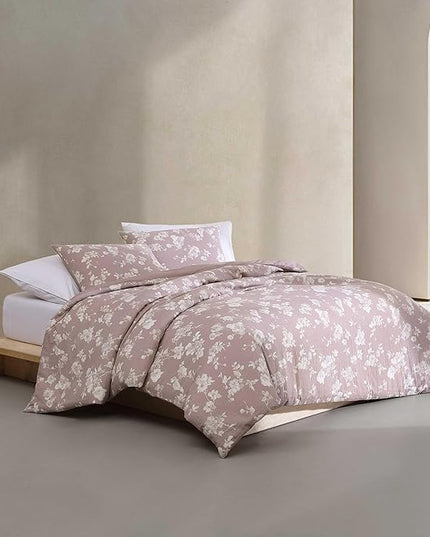 Calvin Klein - Queen Duvet Cover Set, 100% Soft Cotton Gauze Bedding, Button Closure & Inner Corner Ties, 3 Piece Bed Set with Matching Pillowcases (Eternity Floral Pink)