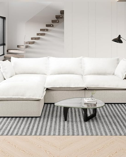 Cloud Couch Modular Sectional for Living Room,L Shaped Down Filled Sectional Sofa,3 Seater with Ottoman Couch,Deep Seat Couches,Sofa Covers Washable&Replaceable,Cream White