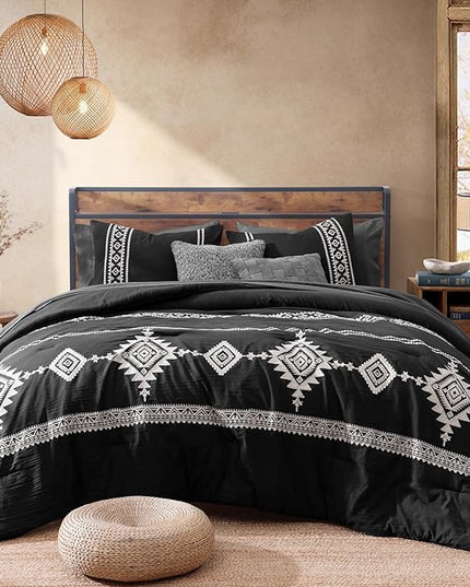 MaiRêve Embroidery Comforter Set, Boho Farmhouse Western Bedding Set, All Season Bed in A Bag Comforter Set with Sheets, Pillowcases & Shams, Black King 7 Pieces