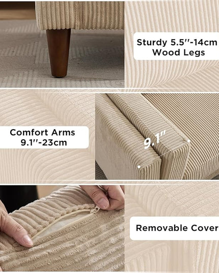Tbfit 85" Corduroy Couch for Living Room, 3 Seater Mid Century Modern Sofa with Spring Cusions & Extra Deep Seat for Bedroom, Small Comfy Upholstered Couches Easy Assembly with Solid Wood Legs, Beige