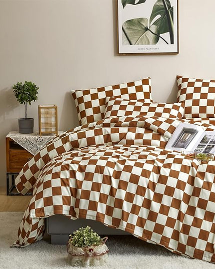 Houseri Brown Plaid Comforter Set Twin Size White and Camel Grid Bedding Comforters Twin Boys Girls Kids Modern Pumpkin Checkerboard Dorm Bed Comforter Preppy Buffalo Checkered Twin Comforter Sets
