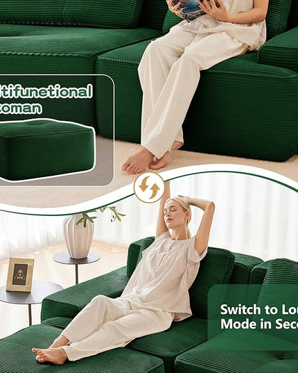 Hommoo Oversized Modular Sectional Sofa, 7 Seat Sleeper Sofa Bed, Comfy Corduroy Couch with Deep Seat, 153”Convertible Boneless Couch with Ottoman for Living Room No Assembly Required Green