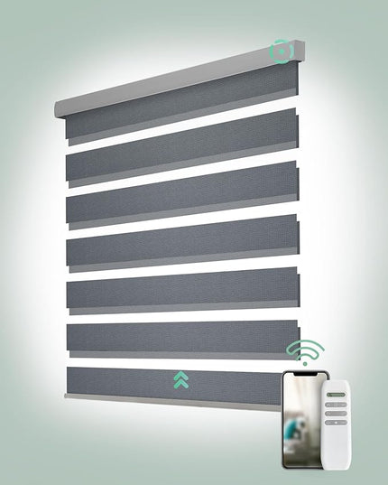 Yoolax Motorized Zebra Blinds, Remote Zebra Shades for Indoor Windows, Motorized Shades with Remote Light Control Horizontal Window Blinds Custom Size(100% Blackout Mesh Silver)