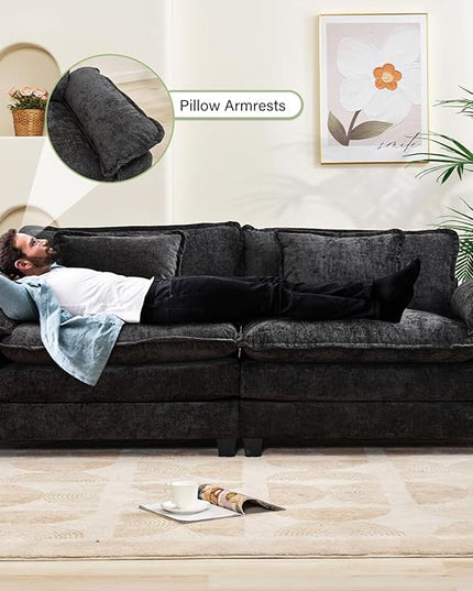 86" Modular Sectional Sofa, Comfy Cloud Couch Sectional Sofa with Ottoman, Chenille Sofa Sleeper Deep Seat Sofa with Throw Pillows for Living Room (Black, 86"- Loveseat)