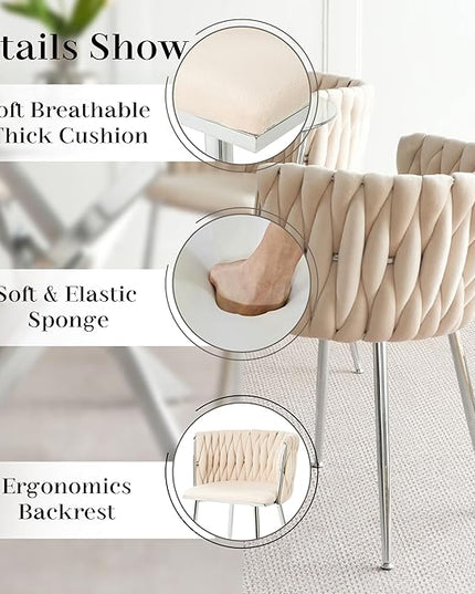 Silver Glass Dining Room Table Set for 6, 51'' Modern Luxury Rectangular Dinner Table Set, 7 PCS Clear Glass Top Minimalist Kitchen Table Set, Ivory Woven Dining Chair for Small Apartment