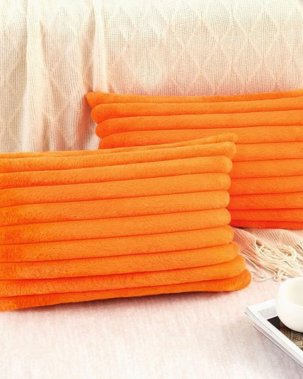 Pallene Faux Fur Plush Fall Throw Pillow Covers 12x20 Set of 2, Luxury Soft Fluffy Striped Decorative Pillow Covers for Sofa, Couch, Living Room, Burnt Orange