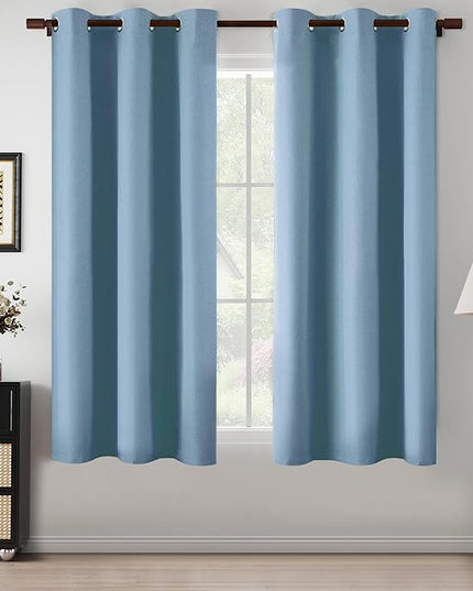 100% Blackout Blue Curtains 64 Inches Long for Bedroom Kitchen, Linen Textured Energy Saving Thermal Insulated Privacy Lightweight Small Window Drapes, Dusty Blue, W37 x L64, 2 Panels
