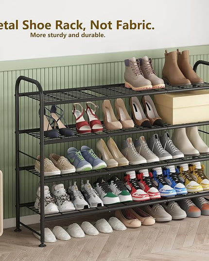 LINZINAR Shoe Rack Long 4 Tier Shoe Storage Organizer Metal Wide Shoe Shelf for Closet Entryway Bedroom 24 Paris Large Capacity, Gold Black