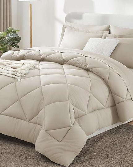 CozyLux Full Size Comforter Sets Oatmeal - 7 Pieces Bed in a Bag Full, Luxury Soft Bed Set for All Seasons, Bedding Set with Down Alternative Comforter, Sheets, Pillowcases & Shams