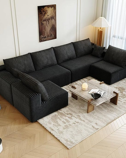 139.4" Modular Sectional Sofa, U-Shaped Minimalist Couches with 2 Middle Seats, Modern Deep Seat Convertible Sleeper Sofa Bed,Cloud Plush Corduroy Fabric, No Assembly Required, 6 Seater, Black