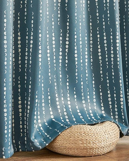 jinchan 95% Blackout Boho Curtains, Moon Phases Printed 96 Inches Long Blue Drapes for Bedroom Living Room Nursery Farmhouse, Rod Pocket Back Tab Thermal Insulated Window Treatment Set 2 Panels