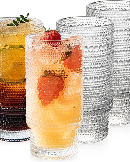 4 Pack Vintage Glassware Drinking Glasses Set, 16 oz Hobnail Glassware, Embossed Clear Water Tumbler, Cocktail Glass Cups for Kitchen and Bar, Perfect for Juice, Iced Coffee, Whiskey, Beer