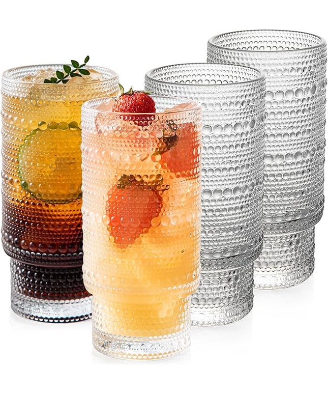 4 Pack Vintage Glassware Drinking Glasses Set, 16 oz Hobnail Glassware, Embossed Clear Water Tumbler, Cocktail Glass Cups for Kitchen and Bar, Perfect for Juice, Iced Coffee, Whiskey, Beer