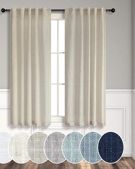 Flax Linen Curtains 38 Inch Width for Kitchen Farmhouse 2 Panels Back Tab Pocket Light Reducing Semi Sheer Tan Beige Curtains for Bathroom Window Door Entryway Cottage Decor Wide 38x45 Inch Length