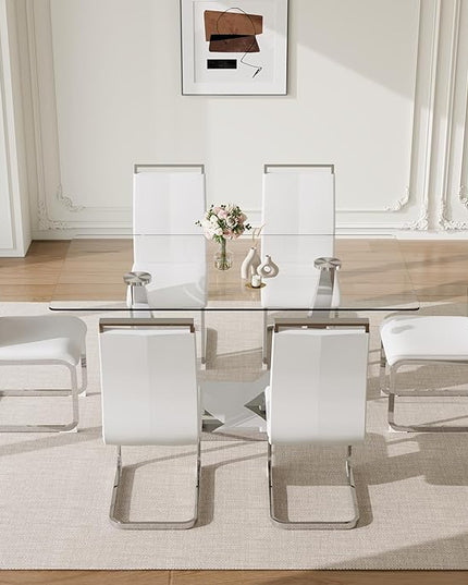 63” Glass Dining Table Set for 6,Modern Dining Room Table Set for 6, Kitchen Table and PU Leather Chairs, Rectangle Tempered Glass Table Set with Chrome Silver Legs