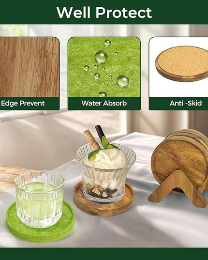 Acacia Wood Coasters Set of 8 with Holders, 4 Acacia Wood & 4 Absorbent Felt Pads, 3.6 Inches Fit Coffee Table, Home, Office, Bar, Offers Tabletop Protection, Stylish Decor and Ideal Gift