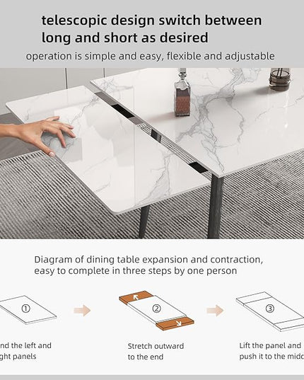 Extendable Dining Table (62.9" to 94.4") for 6 to 10 - Modern Rectangular Sintered Stone Table with High Hardness and Easy Maintenance - Stylish White