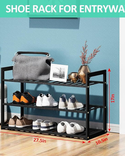 Bamboo Shoe Rack for Entryway, Stackable 3 Tier Shoe Organizer Shelf Storage 9-12 Pairs Shoes Stand Cubby for Closet Door Hallway Bedroom Garage Black, Thanksgiving