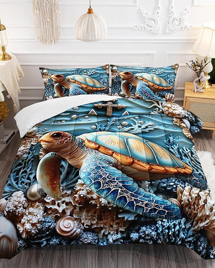 AILONEN 3D Sea Turtle Bedding Sets,Ocean Bedding Sets Queen Size,Shell Anchor Duvet Set,3-Piece, 1 Quilt and 2 Pillowcases,Soft Microfiber