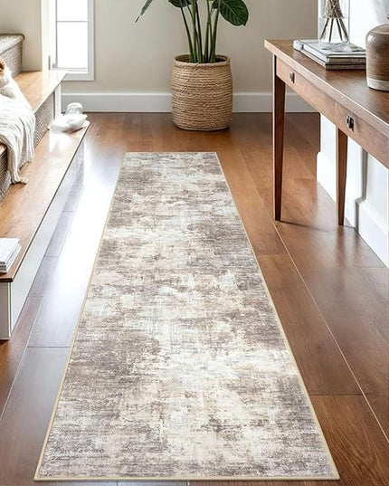IOHOUZE Abstract Runner Rug 2x8 Ft Washable Runners for Hallways, Non Slip Kitchen Runner Printed Faux Wool Entryway Runner Indoor, Modern Abstract Floor Carpet for Hall Kitchen Bedroom, Beige Brown
