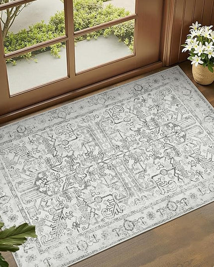 jinchan Lima 2x3 Entryway Washable Rug - Non-Slip Indoor Distressed Doormat Small Rug Low Pile Ultra-Thin Accent Floral Print Indoor Mat for Entrance Kitchen Bathroom Bedroom (2x3ft, Grey)