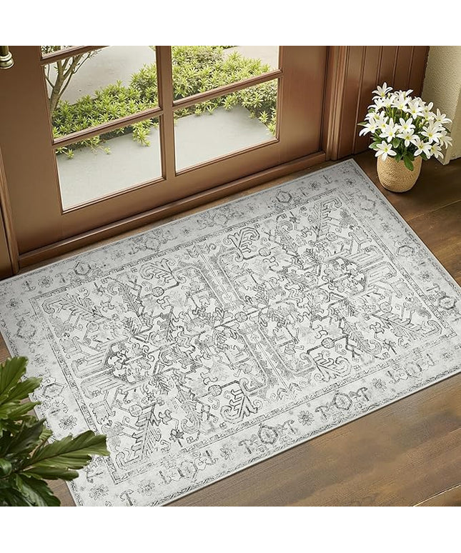 jinchan Lima 2x3 Entryway Washable Rug - Non-Slip Indoor Distressed Doormat Small Rug Low Pile Ultra-Thin Accent Floral Print Indoor Mat for Entrance Kitchen Bathroom Bedroom (2x3ft, Grey)