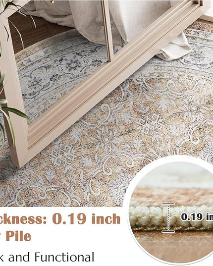 jinchan Round Rug 8ft Washable Circle Soft Rug - Low Pile Vintage 8'Round Indoor Orange Floral Print Stain Resistant Boho Carpet Ultra-Thin Non-Slip for Living Room Bedroom Dining Room Kitchen