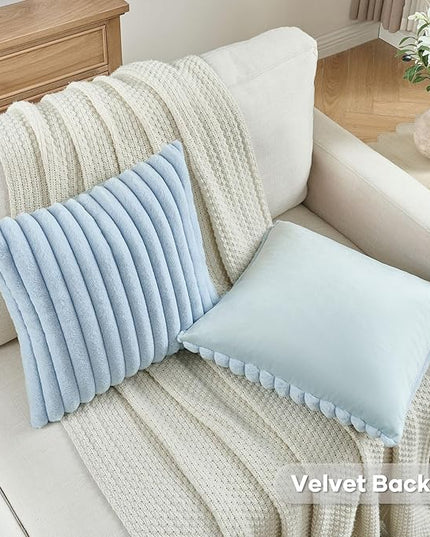 FUTEI Light Blue Throw Pillow Covers Set of 2, 22x22 Inch Striped Texture Cushion Cases with Soft Faux Rabbit Fur Front & Velvet Back, Modern Decorative Couch Pillows for Living Room