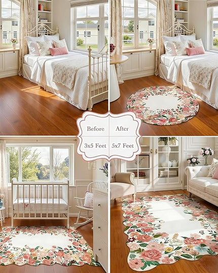 Wonnitar Washable 4ft Round Area Rug, Pink Camellia Floral Living Room Rugs for Bedroom Girls, Low Pile Soft French Throw Carpet for Kids Nursery Room Decor (Pink,4ft Round)