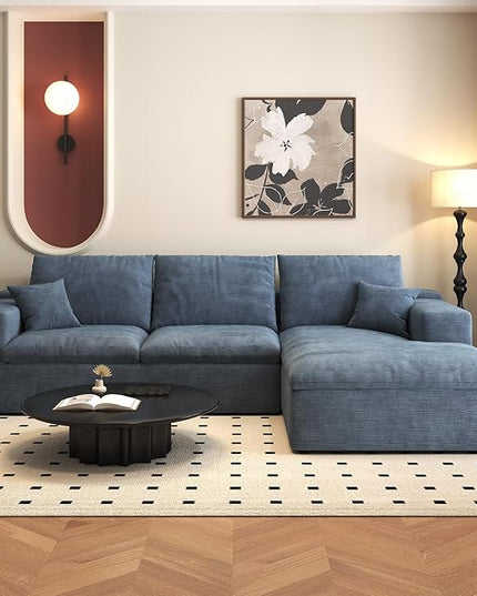 107'' L-Shaped Modern Modular Sectional Cloud Couch, 4-Seat Chenille Deep-Seat Sofa with Pillow for Living Room, Bedroom, Apartment, Ocean Blue