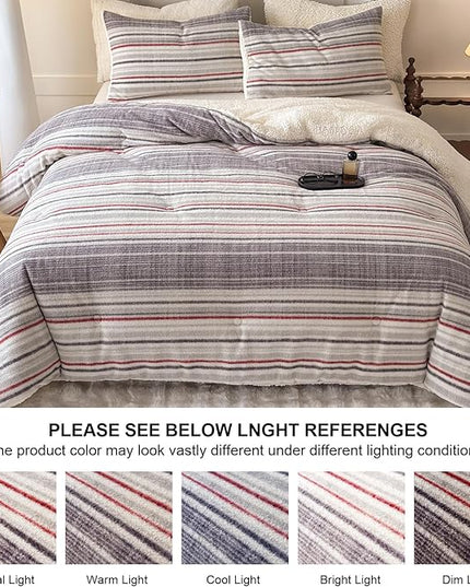 Cyusri Striped Sherpa Comforter Set 3Pcs Fluffy Warm Fleece Down Alternative, Grey Red Bedding Set with 2 Pillowcases, King Size 104"x90"