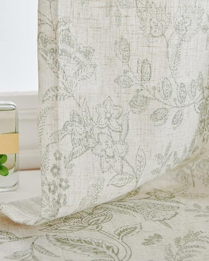 Lazzzy Linen Farmhouse Curtains for Living Room 90 Inch Length Floral Print Window Curtains Semi Sheer Drapes for Bedroom Country Light Filtering Curtain Grommet Top 2 Panels Green on Beige