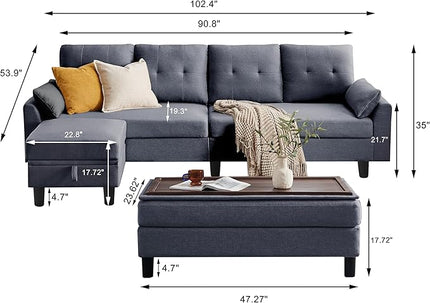 Convertible Sectional Sofa, Modern L Shaped Couch,Linen Fabric 4-Seat Sofa Set with Storage Ottoman and Coffee Table for Living Room,Light Gray