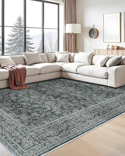 Washable Oriental Area Rug - 9x12 Rugs for Living Room Soft Carpet for Bedroom Waterproof Floral Distressed Indoor Stain Resistant Non-Shedding Floor Carpets (Black Green, 9x12)