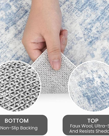 IOHOUZE Abstract Runner Rug 3x16 Ft Washable Runners for Hallways, Non Slip Kitchen Runner Printed Faux Wool Entryway Runner Indoor, Modern Abstract Floor Carpet for Hall Stair, Light Blue White