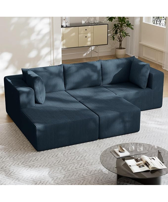 108" Boneless Couches for Living Room, Modular Cloud Couch Sofa - 4 Pieces U Shap Corduroy Sectional Sofa, Fluffy Memory Foam Sleeper Sofa Furniture, No Assembly, Wide Armrest, Navy Blue