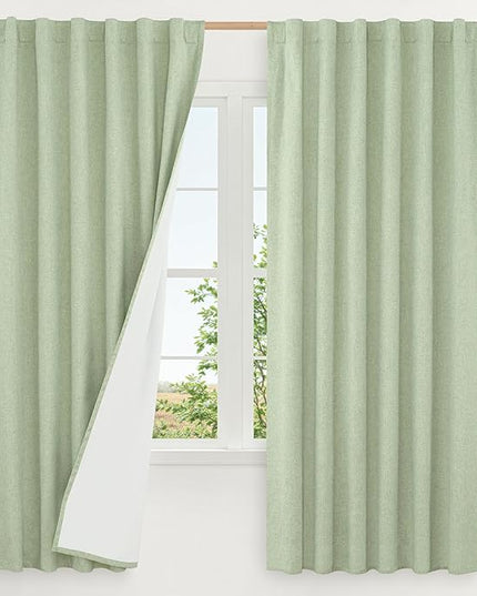 LAMIT Light Green 100% Blackout Linen Curtains, 63 Inches Linen Textured Thermal Bedroom Curtains Back Tab and Rod Pocket Neutral Panels with White Liner for Farmhouse, 2 Panels, 38 x 63 Inch