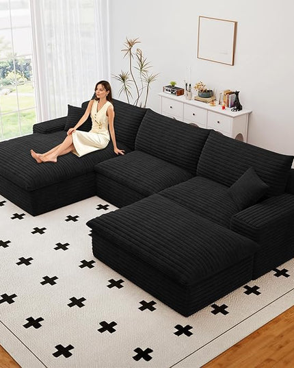 107" Cloud Couch Modular Sectional Sofa for Living Room, U-Shape Boneless Couch with Deep Seat, Modern Corduroy 3-Seater with Ottoman, No Assembly Required (Black,Left-Facing Chaise)