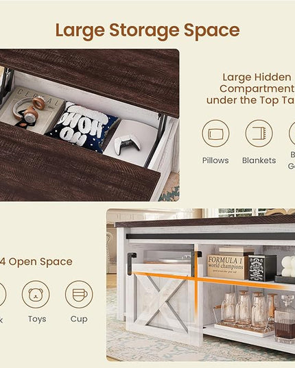 SEDETA 31.5" Lift Top Coffee Table with Storage, Square Coffee Tables for Living Room, Farmhouse Coffee Table with Large Hidden Storage Compartment and Adjustable Shelves, Vintage White