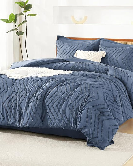 Litanika King Size Comforter Set with Sheets Ocean Blue - 7 Pieces Bed in a Bag King Chevron Tufted Complete Bedding Sets with Comforter, Sheets, Pillowcases & Shams