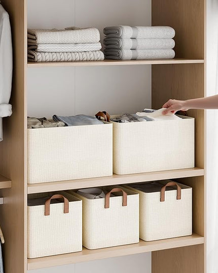 StorageWorks Storage Bins, Shelves Baskets for Organizing, Large Fabric Closet Organizers with Handles, Metal Frame, Beige（Texture）, 2-Pack