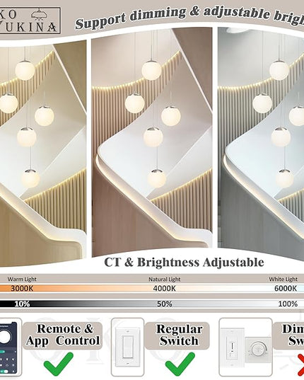 KoKo&Yukina 5-Light Globe Glass Pendant Light Adjustable Length Pendant Lights Fixtures Modern Nickel Chandelier with Milky White Glass Ceiling Lights for Foyer Hallway Bedroom (Bulb & Remote Incl.)